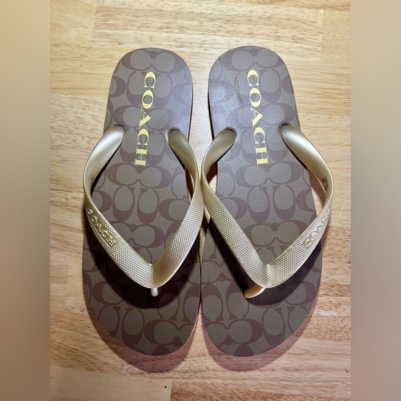 Coach Ladies Flip Flops Jacquard C Brown/Bronze Sz 7 - Picture 2 of 5